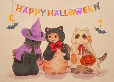 three cats dressed up as witches and one cat with a trick on its head sitting in front of a banner that says happy halloween