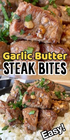 garlic butter steak bites on top of white rice