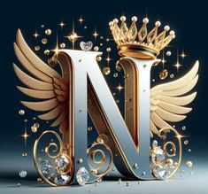 the letter n with wings and a crown on top is surrounded by sparkling jewels, stars and sparkles