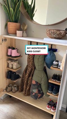 a shelf filled with lots of shoes next to a mirror