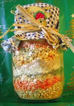 a jar filled with food sitting on top of a table