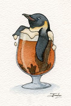 a penguin sitting on top of a wine glass filled with ice cream and liquid in it