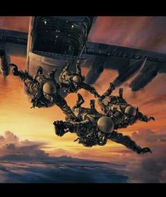 an artist's rendering of two soldiers falling from a plane