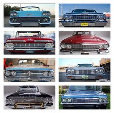 several different cars are shown in this collage, including one blue and the other red