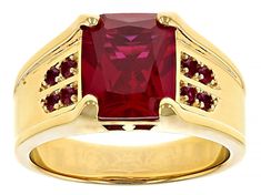 6.53ct Rectangular Octagonal & 0.20ctw Round Lab Created Ruby 18k Yellow Gold Over Sterling Silver Men's Ring. Measures Approximately 0.89"L x 0.53"W. Ruby Rings, Mens Gold Jewelry, Sterling Silver Mens Rings, Men Ring, Red Gemstones, Mens Silver Rings, Mens Accessories Jewelry, Sterling Silver Mens, Mens Gold