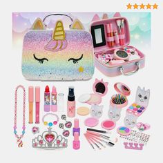 63 in 1 Neat&Easy to Carry Little Girl Makeup Toys for Girls: This is a little princess makeup kits toys, suitable for all 3-5-7-9-11 years old kids makeup. The makeup bag is composed of delicate patterns, zippers, and handles, so they can easily organize her makeup accessories, and toddler can carry around and keep their makeup clean. There are fixed colors in the cosmetic box, children can choose their favorite color. Toddlers Makeup Toy With Kids Makeup Case: unicorn kids makeup case has a small mirror and a strap that can hold makeup brushes, just like a professional adults’ makeup case. The capacity is large enough for little girls to organize all of her make up set which won’t make a mess everywhere. Little girls could conveniently carry her beloved makeup kit to everywhere as well. Safe Makeup, Makeup Clean, Makeup Christmas