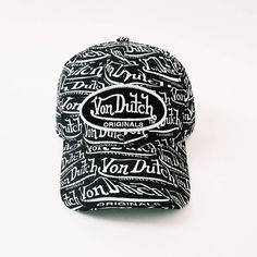 DEADSTOCK VON DUTCH CAP, STILL WITH TAGS AND ORIGINAL PACKAGING 100% AUTHENTIC, BRAND NEW WITH TAGS. vintage Black and White Von Dutch cap / Von Dutch Cap / Von Dutch trucker cap. All over Von Dutch logo print.  embroidered classic black and white Von Dutch logo on front. 90s Y2K Cap FULLY TRACKED SHIPPING SERVICE. UK AND WORLDWIDE SHIPPING. Von Dutch Pink Velvet Hat, Casquette Von Dutch, Von Dutch, Green Camo, Cool Hats, Khaki Green, Classic Black, Trucker Cap, Vintage Black