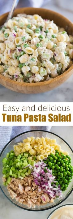 pasta salad with tuna, peas and cheese in a bowl on the side is shown