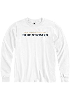 Show off your team pride in this John Carroll Blue Streaks White Rally Loud Long Sleeve T Shirt! This John Carroll Long Sleeve Tee features a screen print JCU graphic on chest and back. Make sure everyone knows you root for the Blue Streaks with this White John Carroll T Shirt. Go Blue Streaks! Classic fit, Seamless double needle 7/8" collar, Taped neck & shoulders, Ribbed cuffs, Unisex, Fit: True to Size, 100% Cotton Blue Streaks, Go Blue, University Blue, Shirt White, Screen Print, Long Sleeve T Shirt, Long Sleeve Tshirt, Long Sleeve Tees, Graphic Sweatshirt