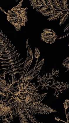 a black and gold floral wallpaper with leaves, flowers, and plants on it