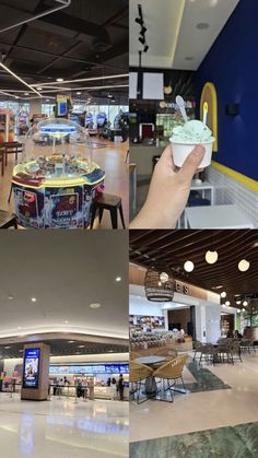 the inside of an airport with tables, chairs and other things in it's center