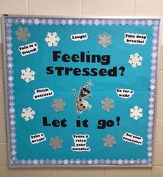 Winter Bulletin Boards For College, Frozen Theme Office Decor, Winter High School Bulletin Boards, Winter Counselor Bulletin Boards, New Years Bulletin Board Ideas For Work, Christmas Door Decorating Contest Mental Health