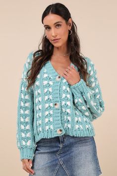 Searching for the perfect sweater? We've got you covered with the Little Lies Hannah Turquoise and White Chunky Cardigan Sweater! Soft, chunky knit shapes this darling sweater that has a blue and white patterned design, with long sleeves, drop shoulders, and a V-neckline. Functional button placket accents the bodice, with three oversized buttons along the front. Ribbed knit accents the neckline, cuffs, and hem. Fit: This garment fits true to size. Length: Size small/medium measures 22" from shoulder to hem. Bust: Great for any cup size. Waist: Loosely Fitted. Fabric: Fabric is very stretchy. Unlined. 65% Cotton, 35% Viscose. Cold Hand Wash With Similar Colors. Do Not Bleach. Dry Cleanable. Do Not Tumble Dry. Imported. Lulus | Hannah Turquoise and White Chunky Cardigan Sweater | Size M/L. Chunky Cardigan Sweater, Fall Fashion Sweaters, Chunky Sweater Cardigan, Casual Formal Dresses, Perfect Sweater, Lulu Fashion, Chunky Cardigan, Casual Wedding Dress, Ribbed Knit Sweater