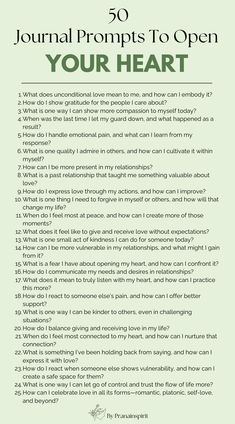 Open your heart, find more gratitude, compassion, empathy and kindness with those 50 journal prompts. Awaken your feminine spiritual being and feel better than ever.🫶❤️  #journal #journalprompts #journaling #spiritual #spirituality #spiritualjournal #heartopening #heartchakra #openyourheart #gratitude #compassion #kindness #love #selfgrowth #selflove #personaldevelopment #emotionalintelligence #feminine #femininespirituality #women Journaling Spiritual, 50 Journal Prompts, Spiritual Being, Mindfulness Journal Prompts, Heart Opening, Journal Questions, Journal Inspiration Writing, Daily Journal Prompts