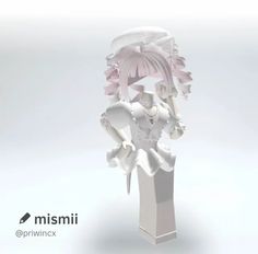 a white figurine is posed in front of a gray background with the word mismi on it