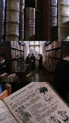 an open book sitting on top of a table in a library