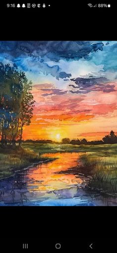 a painting of a sunset over a river with trees in the foreground and clouds in the background