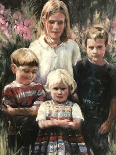 a painting of three children standing next to each other