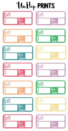 six colorful printable name tags with the words bill and one dollar on each side