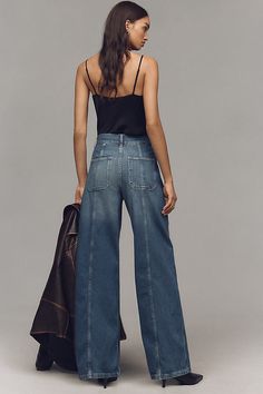 Denim, decoded: We’re digging denim in every corner of our closet. Featuring oversized utility pockets, this high-rise wide-leg pair has a full-length inseam. | Utility High-Rise Wide-Leg Jeans by Pilcro in Blue, Women's, Size: 28, Cotton at Anthropologie Utility Wide Leg Washed Jeans, Fall Utility Wide-leg Jeans, Utility Wide-leg Denim Bottoms, Non-stretch Wide Leg Utility Cargo Jeans, Utility Wide-leg Rigid Denim Cargo Jeans, High Rise Wide Leg Jeans, Utility Pockets, 50 Fashion, Wide Leg Jeans