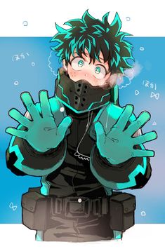 a drawing of a man with green hair wearing a black jacket and blue gloves holding his hands up