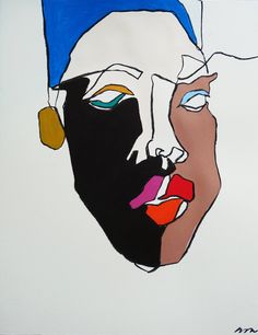 a drawing of a woman's face with blue and white hat on her head