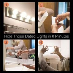 four different images showing how to fix a bathroom mirror with light bulbs and hands reaching for it