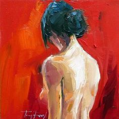 a painting of a woman's back with red background