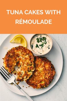 two cakes with remoulade on a white plate