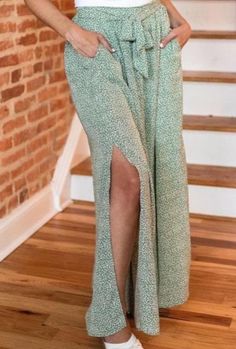 alt= Wide Leg Animal Print Pants with Pockets Sage Green Pants, Pants Large, Green Pants, Wide Legs, White Tank, Elastic Band, Sage Green, Leg Pants, This Summer