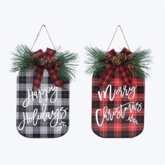 two christmas decorations hanging from twine with pine cones and evergreens on them, each decorated in plaid