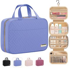 an open travel bag with multiple compartments