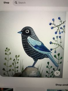 a painting of a blue bird sitting on top of a rock next to some plants