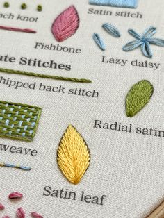 a close up of a cross stitch pattern on a piece of cloth with stitches and needles