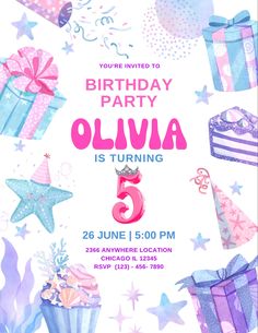 a birthday party flyer with presents and stars on the background, including pink and blue