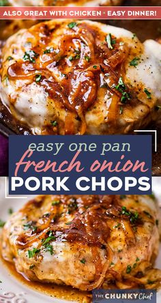 Juicy pan-seared pork chops, smothered in caramelized onion gravy and 2 types of gooey cheese. This fun weeknight dinner tastes like French onion soup! #pork #porkchops #porkchopsrecipe #dinner #onepan #onepot #frenchonion #weeknightmeal #easyrecipe One Pan French Onion Smothered Pork Chop, Pork Chops Onions, French Onion Pork Chop Recipes, Onion Pork Chop Recipes, Pork Chop Recipes French Onion, Smothered Pork Chops Skillet, Porkchops Dinner Ideas, French Onion Smothered Pork Chops, Onion Smothered Pork Chops