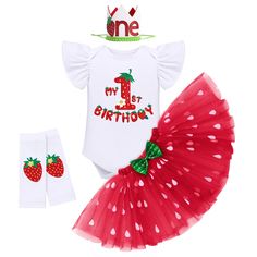 PRICES MAY VARY. 🍓🍓【4PCS Strawberry Birthday Outfit Baby Girl Tutu Skirt Set】Adorable red strawberry theme birthday costume, strawberry 1st birthday outfit, strawberry 2nd 3rd birthday outfit, strawberry 1/2 birthday outfit. Infant baby girls berry first birthday outfit, 4PCS in one set, Strawberry Romper / Shirt + Berry Tutu Skirt + Headband + Leg Warmers. Cutest toddler little girls cake smash coming home outfit, Halloween dress up costume photo props, best as princess birthday gift for 6M-3 Berry First Birthday Outfit, My Berry First Birthday, Strawberry Theme Birthday, Half Birthday Outfit, Strawberry Romper, Strawberry 1st Birthday, Strawberry Outfit, Cake Smash Photo Shoot