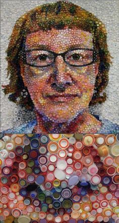 a man with glasses is made out of bottle caps