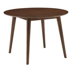 a round wooden table with two legs and a brown finish on the top, against a white background