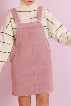 $55 Super Cute Pale Pastel Pink Corduroy Dunagree Pinafore Dress With Over-Sized Cream And Black Striped Turtleneck Sweater Áo Blu, Wardrobe Goals, Pastel Outfit, Pinterest Closet, Fall Collection, Solid Clothes