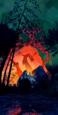 an animated image of a dragon in the middle of a forest with trees and rocks