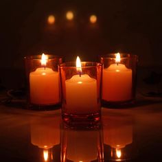 three lit candles sitting on top of a table