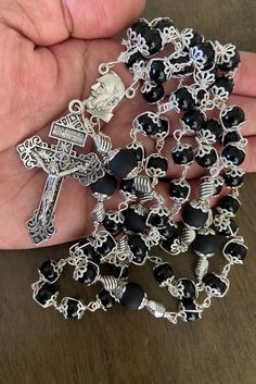 Black Crucifix Rosary As Gift, Black Crucifix Rosary Bracelet As Gift, Adjustable Silver Rosary With Black Beads, Black Rosary Bracelet With 8mm Beads For Jewelry Making, Silver Rosary With Black Beads As Gift, Silver Rosary With Black Beads And Crucifix, Handmade Black Cross Rosary Bracelet, Anglican Prayer Beads, Catholic Rosary