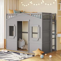 a child's bedroom with a loft bed and bunk beds in the corner,