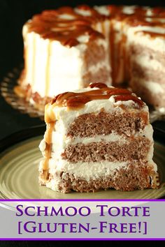 a slice of cake on a plate with caramel drizzle