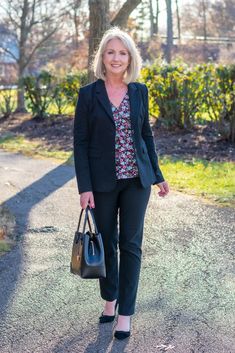 Dark Floral Print, Women Appreciation, Gray Cashmere Sweater, Black Cropped Pants