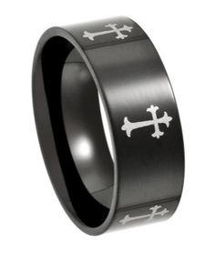 Men's Black Stainless Steel Cross Ring with Silver-Toned Crosses | 8mm Gothic Black Stainless Steel Rings, Black Cross Rings For Gift, Christian Rings, Alternative Wedding Ring, Affordable Rings, Puzzle Ring, Stainless Steel Wedding Ring, Alternative Wedding Rings, Steel Cross