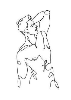 a continuous line drawing of a woman's head and shoulders with her hands behind her back