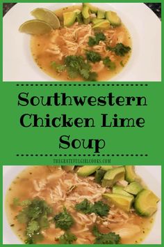 southwest chicken lime soup with avocado and cilantro in a white bowl