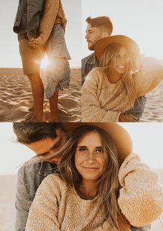 two people standing on the beach with their arms around each other and one person wearing a hat